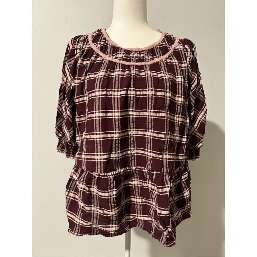 Find Me Now Anthropologie kady plaid puff sleeve blouse M